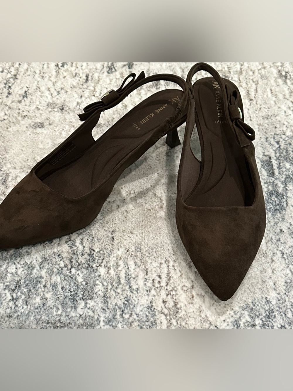 Anne Klein iFlex Dark Brown Suede Pointed-Toe Slingback Heels
